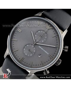 Emporio Armani Chronograph Gray Face Black Leather Strap Mens Watch AR0388