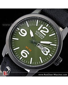 Citizen Eco-Drive Military Green Black Nylon Strap Mens Watch BM8475-00X