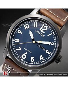Citizen Eco-Drive Brown Leather Blue Dial Day Date 100M Watch BM8478-01L