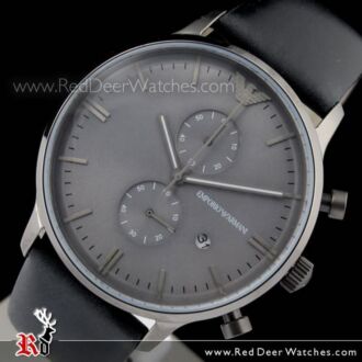 Emporio Armani Chronograph Gray Face Black Leather Strap Mens Watch AR0388