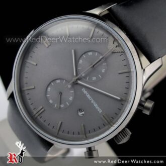 Emporio Armani Chronograph Gray Face Black Leather Strap Mens Watch AR0388