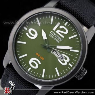 Citizen Eco-Drive Military Green Black Nylon Strap Mens Watch BM8475-00X