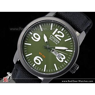 Citizen Eco-Drive Military Green Black Nylon Strap Mens Watch BM8475-00X