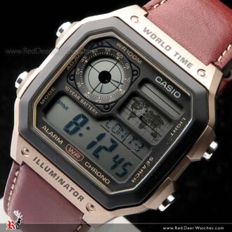 Casio 10Yrs Battery World Time Brown Leather Band Digital Watch AE-1200WHL-5A 