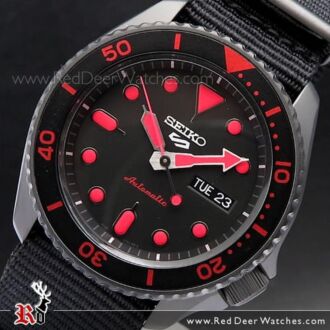 Seiko 5 Sports Black Red Nylon Strap 100M Automatic Watch SRPD83K1, SRPD83