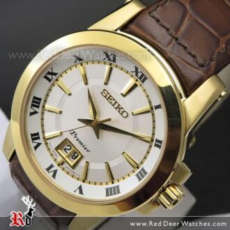 Seiko Premier Sapphire Gold Tone White Dial Leather Strap Mens Watch  SUR018P1, SUR018