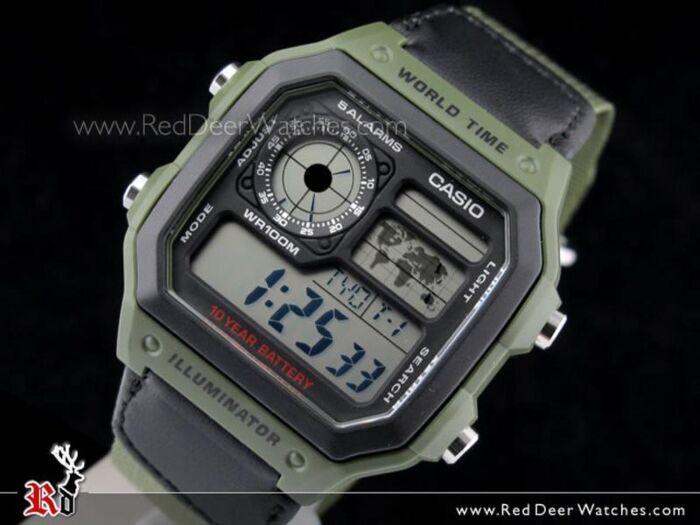 Casio 10Yrs Battery Alarms Military Cloth Band Watch AE-1200WHB-3B,  AE1200WHB