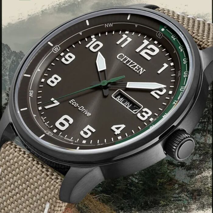 Citizen Of Collection BM8595-16H – Orologio Uomo Eco-Drive, Cassa In Acciaio, Cinturino In Nylon Marrone, Quadrante Grigio