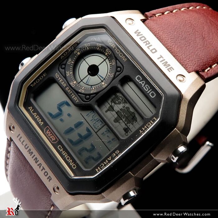 Casio 10Yrs Battery World Time Brown Leather Band Digital Watch AE