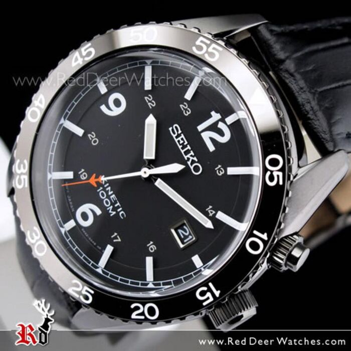 BUY SEIKO Kinetic Black Bezel Leather Strap 100M Mens Watch
