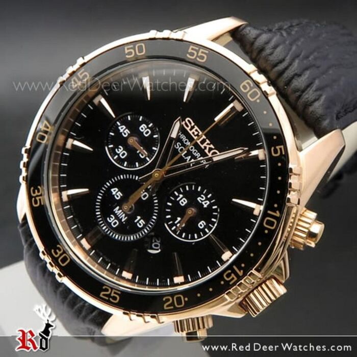 Seiko Solar Black Dial Rose Gold Chronograph Mens Watch SSC448P1